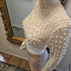 Pearl and Rhinestoned Beaded Mesh Cropped Top